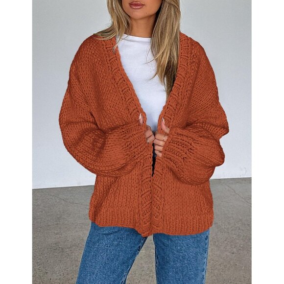 Womens Trendy Cardigan Sweaters Rust Red Long Sleeve Chunky Knit Outfits - Picture 6 of 8